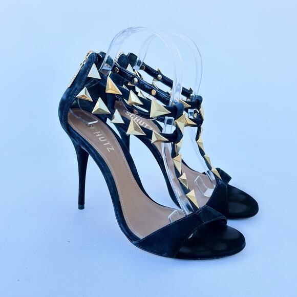 Schutz Black Suede Studded Heels Gold Ankle Strap Pointed Stiletto Pumps 8 39 - Picture 2 of 11